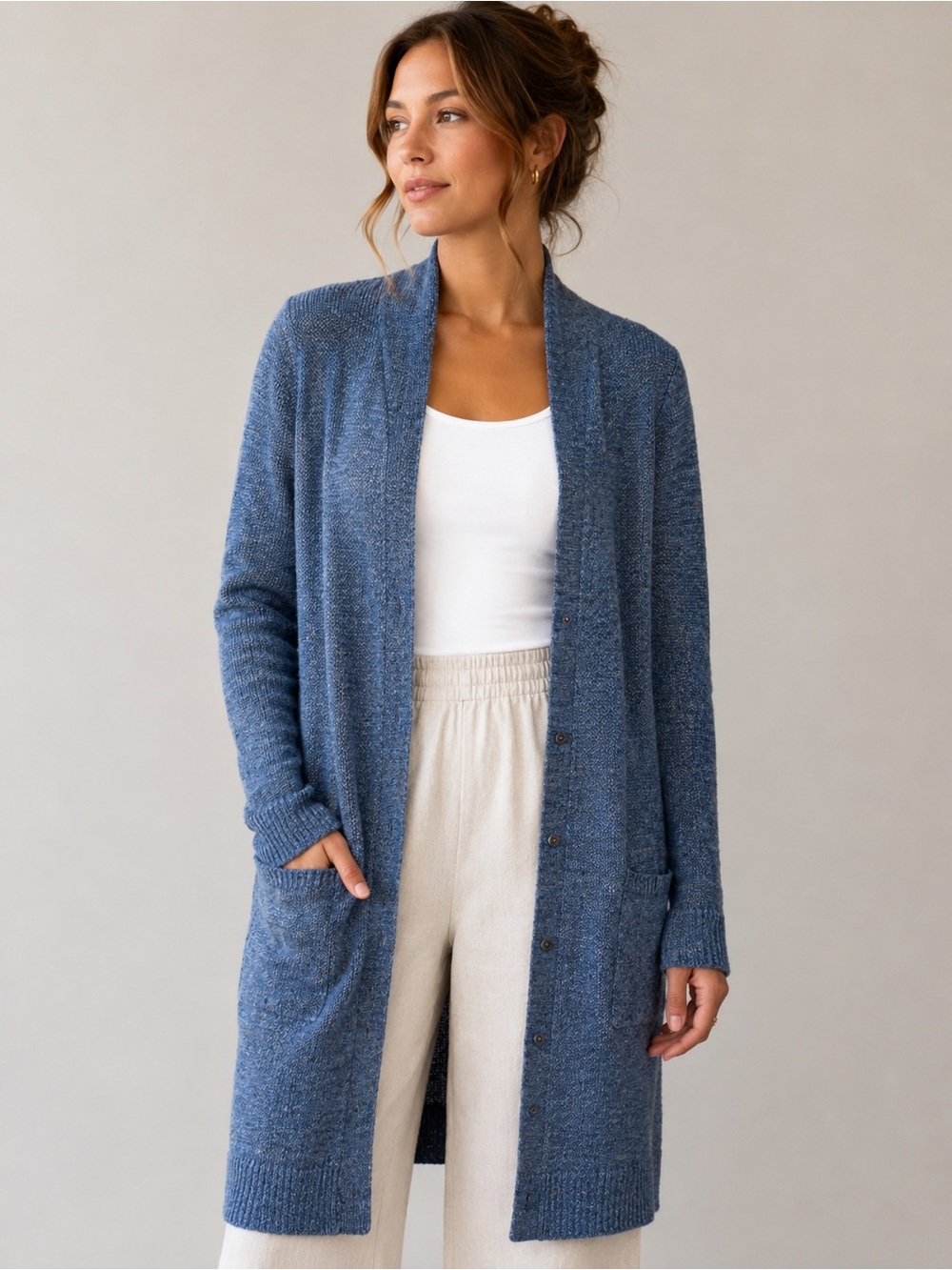 Eileen Fisher XL Blue 100% Organic Linen Long Duster Cardigan Sweater